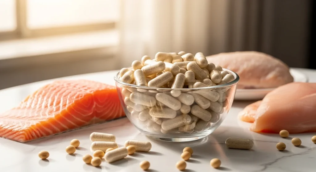 Cápsulas de L-histidina junto a salmón fresco, pechuga de pollo y granos de soja sobre mármol blanco