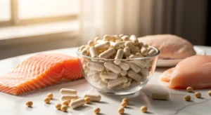 Cápsulas de L-histidina junto a salmón fresco, pechuga de pollo y granos de soja sobre mármol blanco