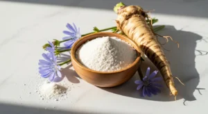 Polvo de inulina de achicoria en bowl de madera con raíz y flores