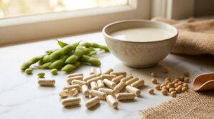 Cápsulas de isoflavonas de soya junto a vainas de soya fresca