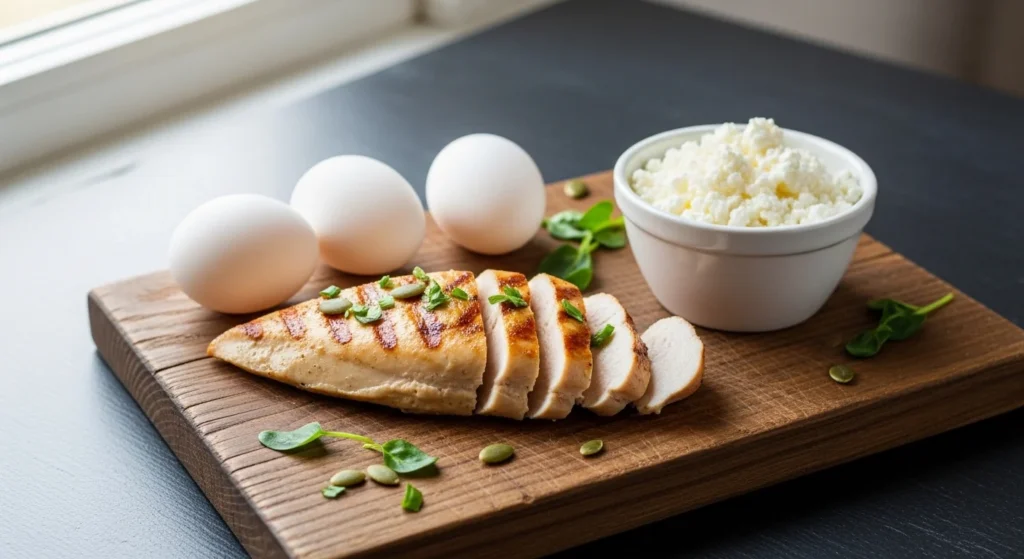 Alimentos ricos en isoleucina y BCAA: pechuga de pollo, huevos y queso cottage sobre tabla de madera