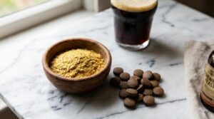 Levadura de cerveza en polvo y tabletas sobre superficie de mármol blanco