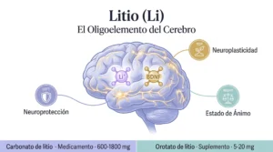 Infografía del litio: cerebro con redes neuronales activas mostrando el ion Li⁺ y BDNF, con funciones en neuroplasticidad, neuroprotección y estado de ánimo, y comparación entre carbonato (medicamento) y orotato (suplemento)