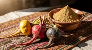 Raíces de maca amarilla, roja y negra sobre textil andino con polvo de maca en cuenco de arcilla