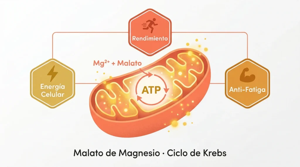 Infografía del malato de magnesio: mitocondria con ciclo de Krebs mostrando cómo el magnesio y el ácido málico producen ATP, con beneficios en energía celular, rendimiento deportivo y anti-fatiga