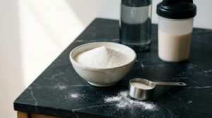 Maltodextrina en polvo con medidor sobre superficie de mármol oscuro