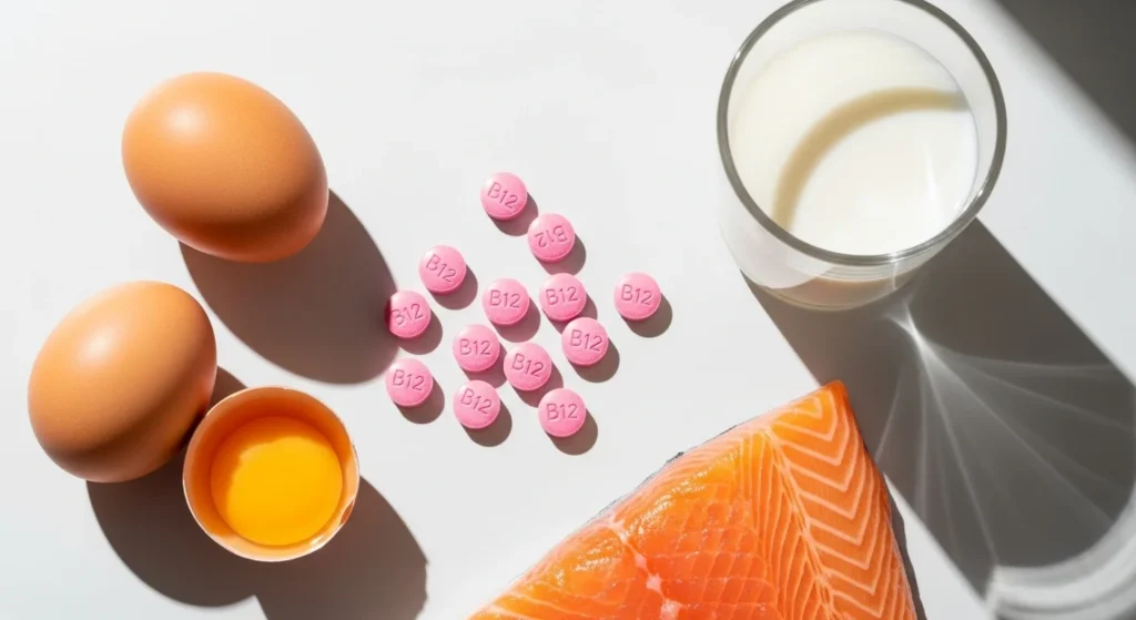 Tabletas sublinguales de metilcobalamina junto a alimentos ricos en vitamina B12: salmón, huevos y leche