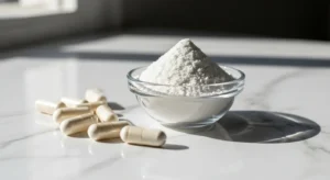 Polvo cristalino de MSM y cápsulas en recipiente de vidrio sobre mármol