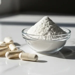 Polvo cristalino de MSM y cápsulas en recipiente de vidrio sobre mármol