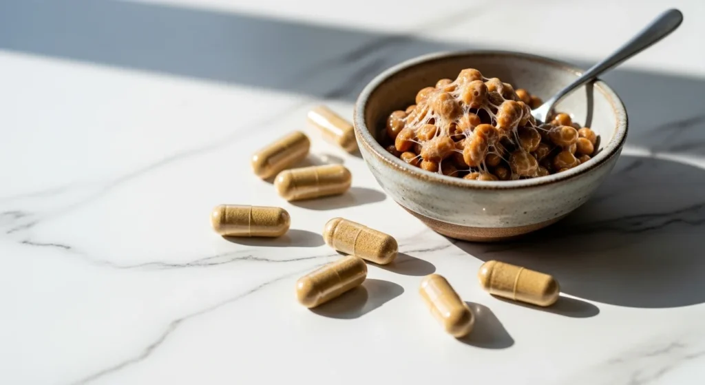 Cápsulas de nattokinasa junto a natto fermentado sobre mármol blanco