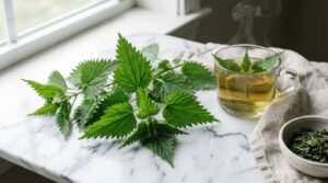 Hojas frescas de ortiga junto a una taza de té de ortiga sobre superficie blanca