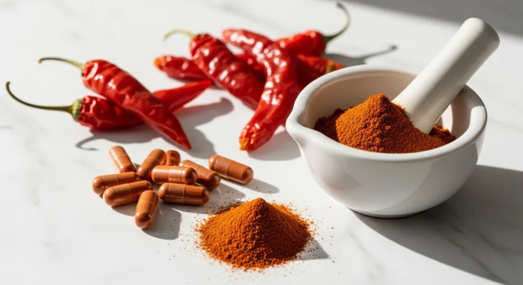 Cápsulas de pimienta de cayena junto a chiles secos y polvo de cayena en mortero de cerámica