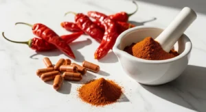 Cápsulas de pimienta de cayena junto a chiles secos y polvo de cayena en mortero de cerámica