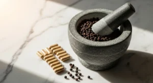 Granos de pimienta negra con mortero y cápsulas de piperina sobre mármol