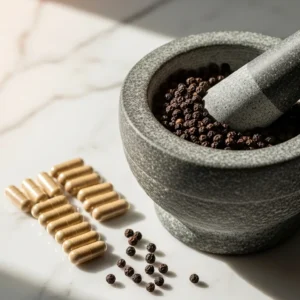 Granos de pimienta negra con mortero y cápsulas de piperina sobre mármol