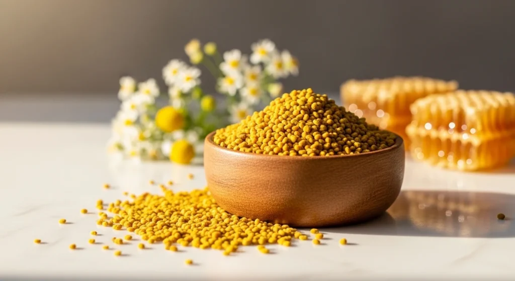 Gránulos dorados de polen de abeja en cuenco de madera sobre superficie de mármol blanco