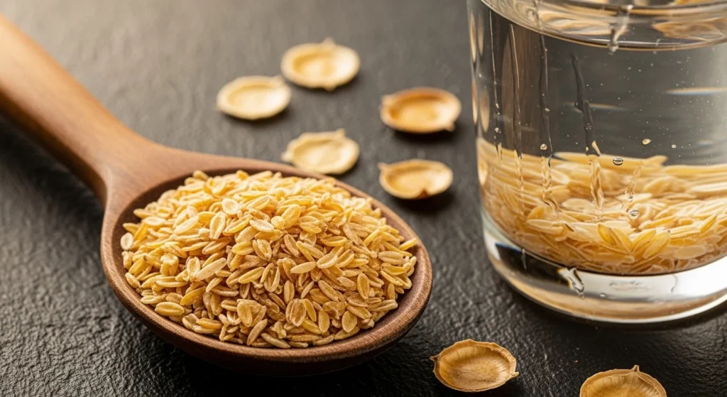 Psyllium husk dorado en cuchara de madera con vaso de agua mostrando gel de fibra soluble de Plantago ovata