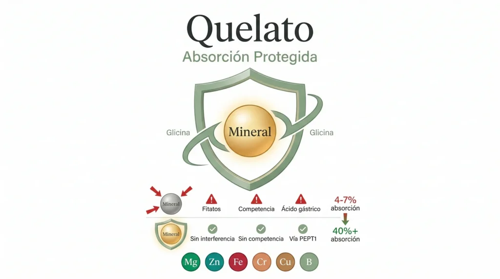 Infografía del quelato mineral: escudo protector de glicina alrededor del mineral comparando la absorción sin protección (4-7%, bloqueada por fitatos, competencia y ácido) vs. con quelación (40%+, vía PEPT1 sin interferencia)