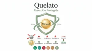 Infografía del quelato mineral: escudo protector de glicina alrededor del mineral comparando la absorción sin protección (4-7%, bloqueada por fitatos, competencia y ácido) vs. con quelación (40%+, vía PEPT1 sin interferencia)