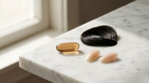 Cápsula de queratina hidrolizada junto a cabello brillante y uñas fuertes sobre superficie de mármol blanco