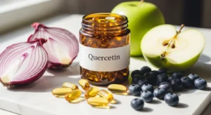 Cápsulas de quercetina junto a cebollas rojas, manzanas y arándanos, fuentes naturales de este flavonoide antioxidante