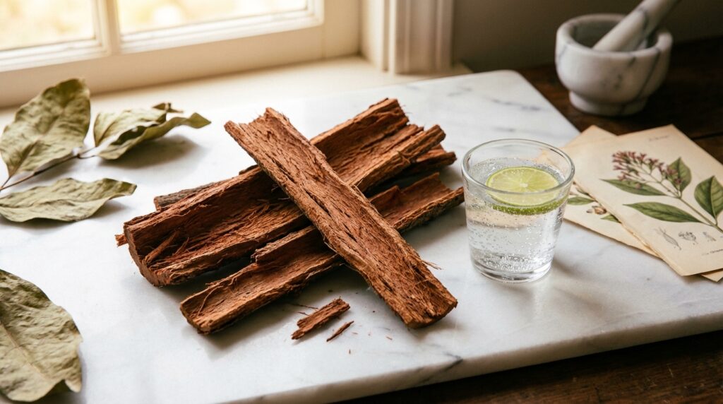Corteza de quina (cinchona) junto a agua tónica sobre mármol blanco