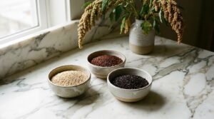 Tres variedades de quinua (blanca, roja y negra) en bowls de cerámica