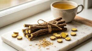 Raíz de regaliz (Glycyrrhiza glabra) seca con cortes transversales y taza de té