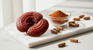 Hongo reishi (Ganoderma lucidum) seco con superficie lacada rojo-marrón, junto a polvo y cápsulas de reishi sobre superficie de mármol blanco