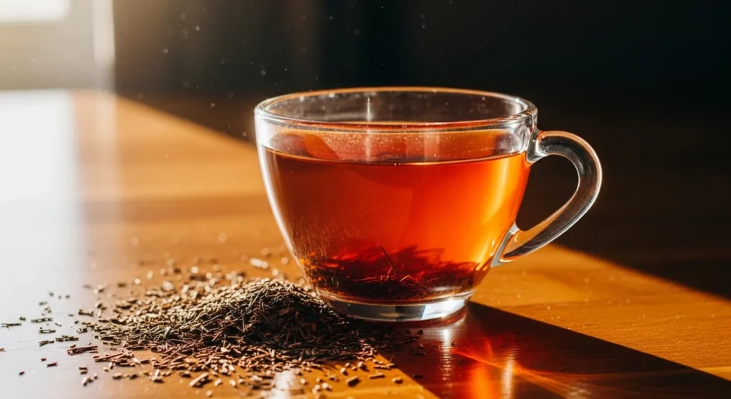 Taza de cristal con infusión de rooibos color ámbar rojizo junto a hojas secas aciculares sobre superficie de madera