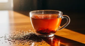 Taza de cristal con infusión de rooibos color ámbar rojizo junto a hojas secas aciculares sobre superficie de madera