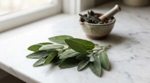 Hojas frescas de salvia sobre superficie de mármol blanco