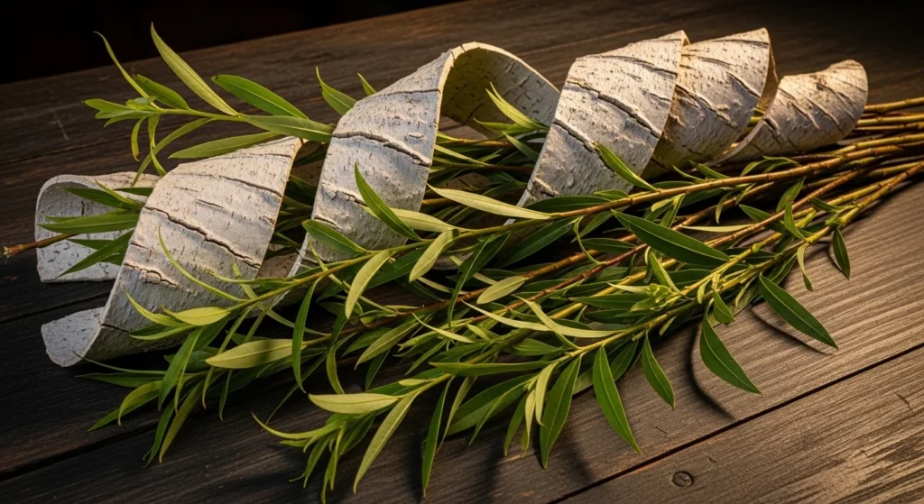 Corteza de sauce blanco (Salix alba) seca junto a ramas frescas con hojas verdes sobre mesa de madera oscura