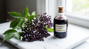 Bayas de saúco (Sambucus nigra) en rama con hojas junto a jarabe de saúco