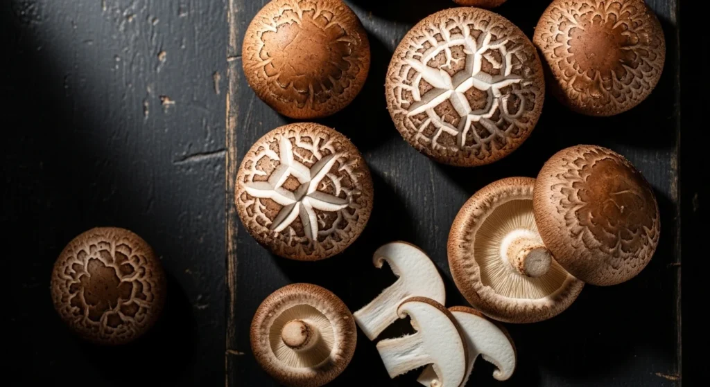 Hongos shiitake frescos con sombreros marrones agrietados sobre superficie de madera oscura