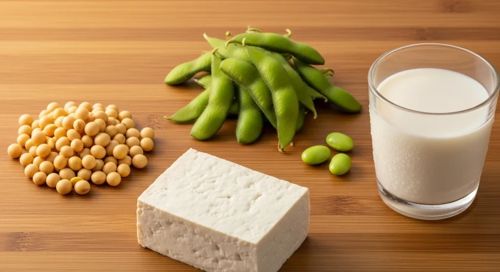 Soja en diversas formas: edamame, granos secos, tofu y leche de soja sobre superficie de bambú