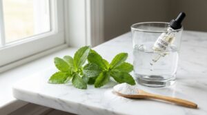 Hojas frescas de stevia junto a polvo de stevia sobre mármol blanco