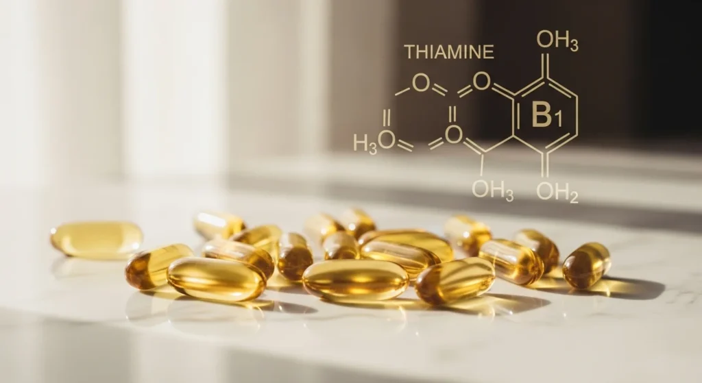 Cápsulas doradas de sulbutiamina sobre superficie de mármol blanco, derivado sintético de la tiamina