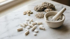 Cápsulas y tabletas de sulfato de zinc sobre superficie de mármol blanco