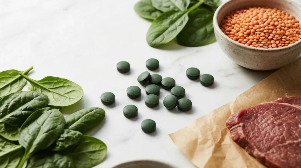 Tabletas de sulfato ferroso junto a alimentos ricos en hierro como espinacas, lentejas rojas y carne roja sobre superficie de mármol