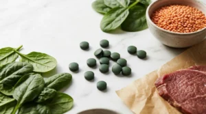 Tabletas de sulfato ferroso junto a alimentos ricos en hierro como espinacas, lentejas rojas y carne roja sobre superficie de mármol