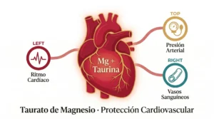 Infografía del taurato de magnesio: corazón estilizado con magnesio y taurina, beneficios en ritmo cardíaco, presión arterial y salud vascular