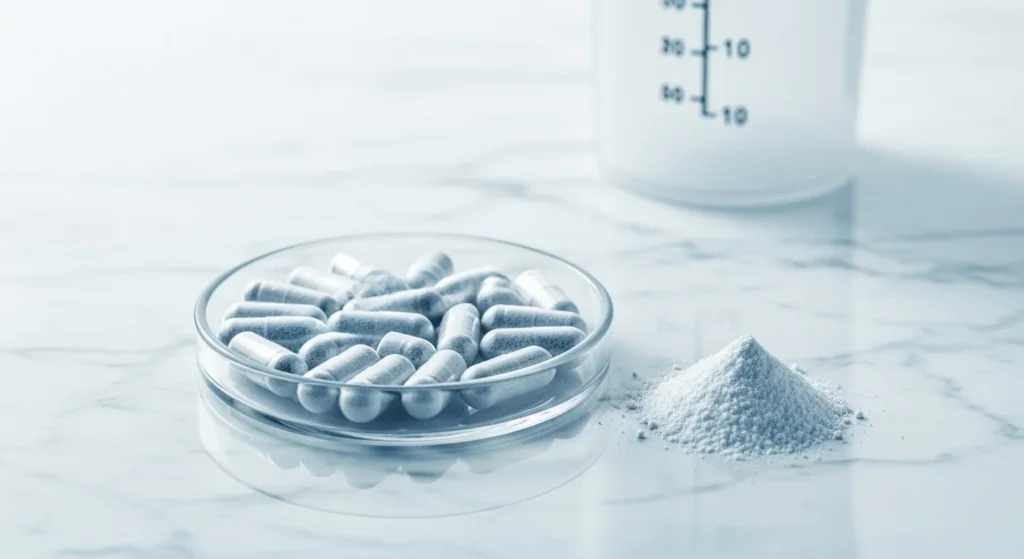Cápsulas y polvo de taurina en recipiente de vidrio sobre mármol blanco