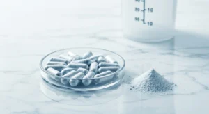 Cápsulas y polvo de taurina en recipiente de vidrio sobre mármol blanco