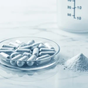 Cápsulas y polvo de taurina en recipiente de vidrio sobre mármol blanco