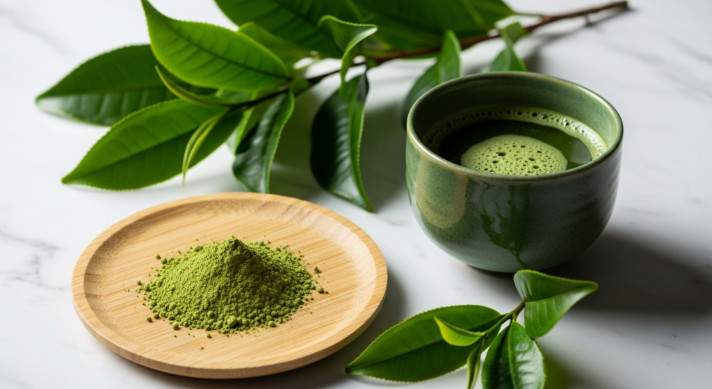 Hojas de té verde junto a taza de cerámica y polvo matcha sobre mármol