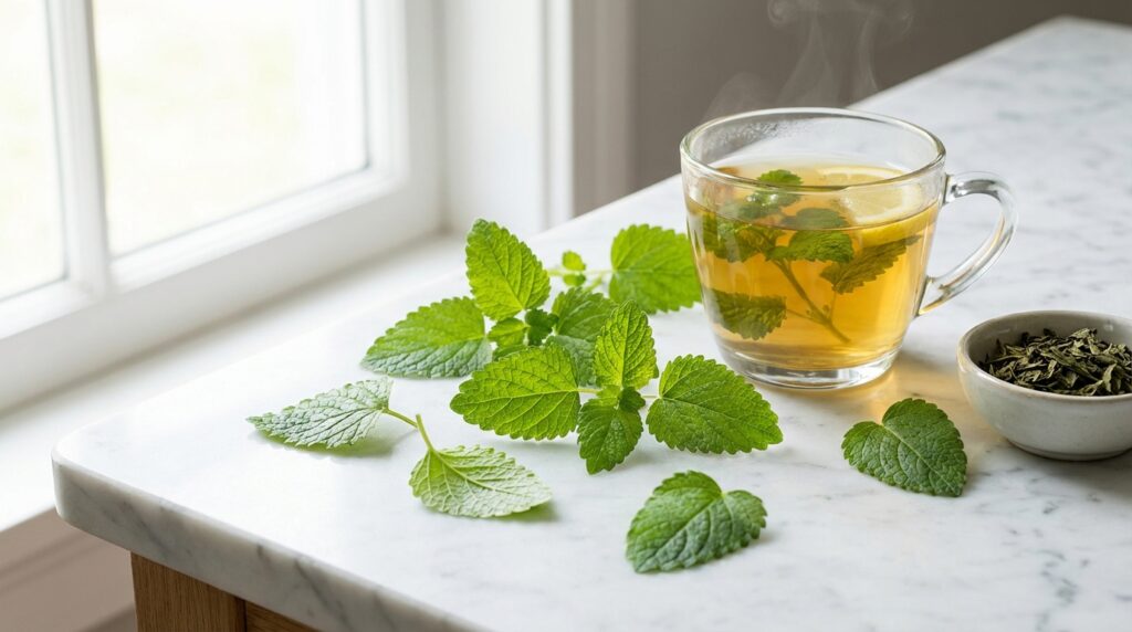 Hojas frescas de toronjil (melisa) junto a una taza de infusión sobre mármol blanco