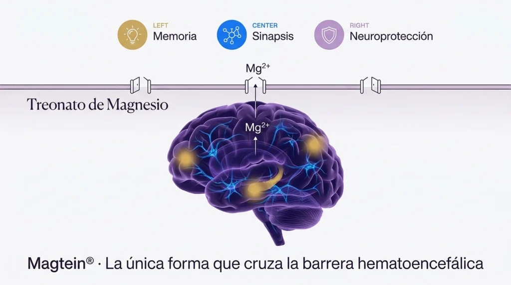 Infografía del treonato de magnesio cruzando la barrera hematoencefálica para elevar el magnesio cerebral, con beneficios en memoria, densidad sináptica y neuroprotección