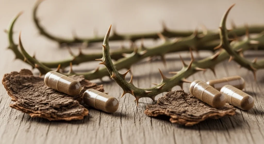Uña de gato (Uncaria tomentosa) con espinas curvas junto a corteza y cápsulas