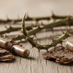 Uña de gato (Uncaria tomentosa) con espinas curvas junto a corteza y cápsulas